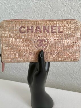 Chanel Lurex Canvas Pink Deauville Zip Around Wallet
